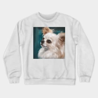 Cute Furry White and Brown Chihuahua on Dark Green Background Crewneck Sweatshirt